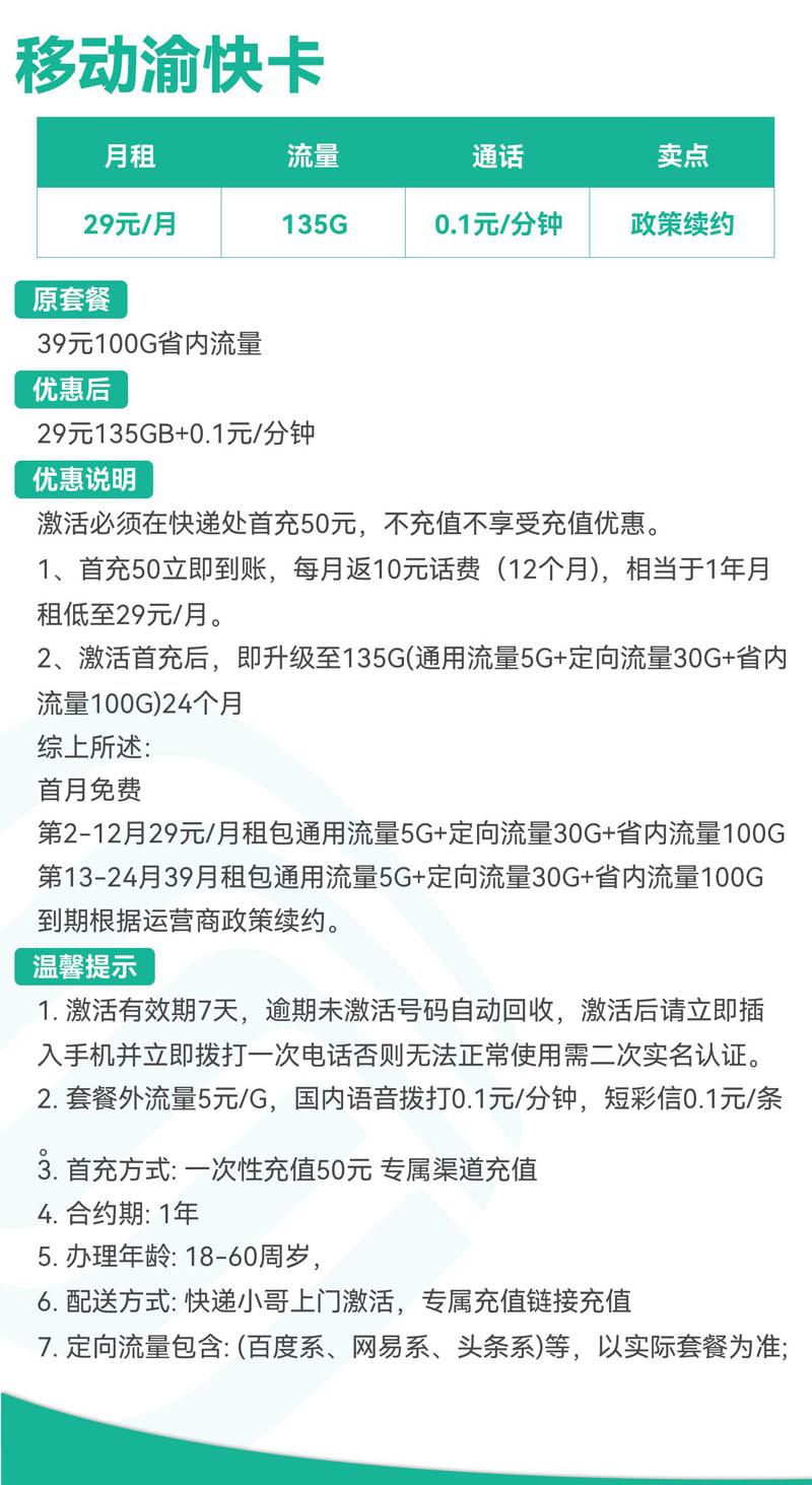 重庆移动渝快卡29元135GB+0.1元/分钟  第2张